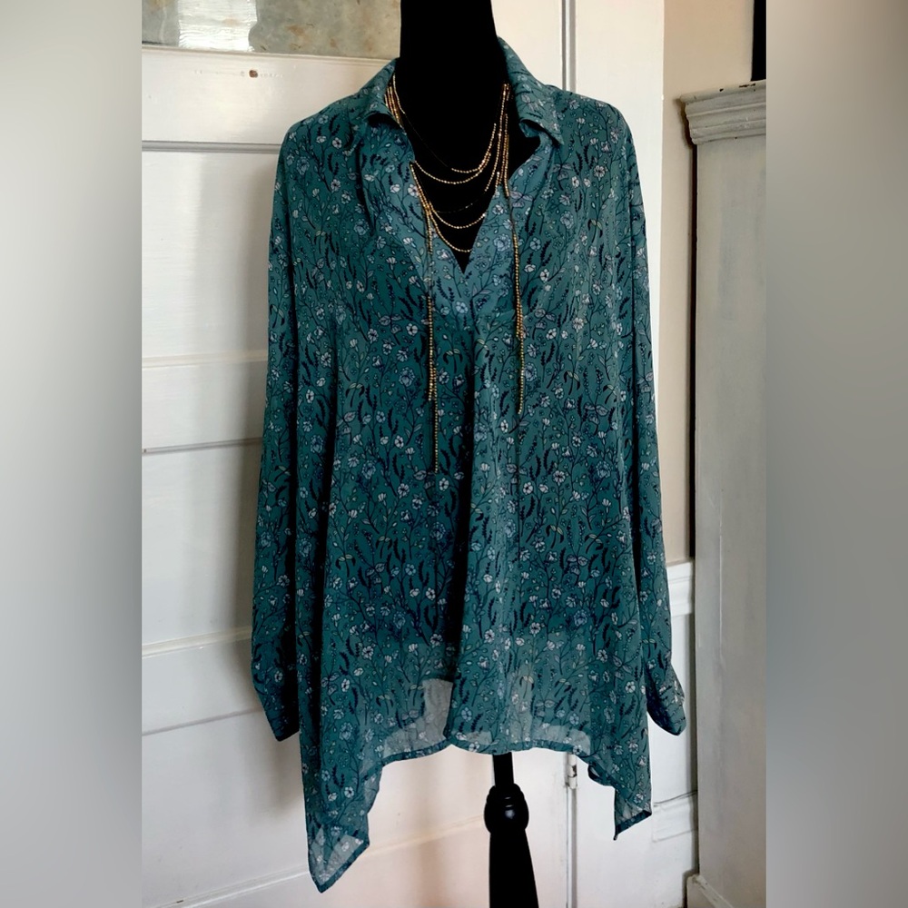 CAbi Green Asymmetrical Blouse with Notched Collar NWOT